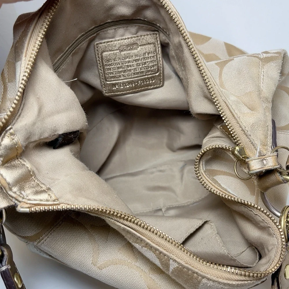 Coach Womens Canvas Stripe Patch Hobo Tan Shoulder Bag